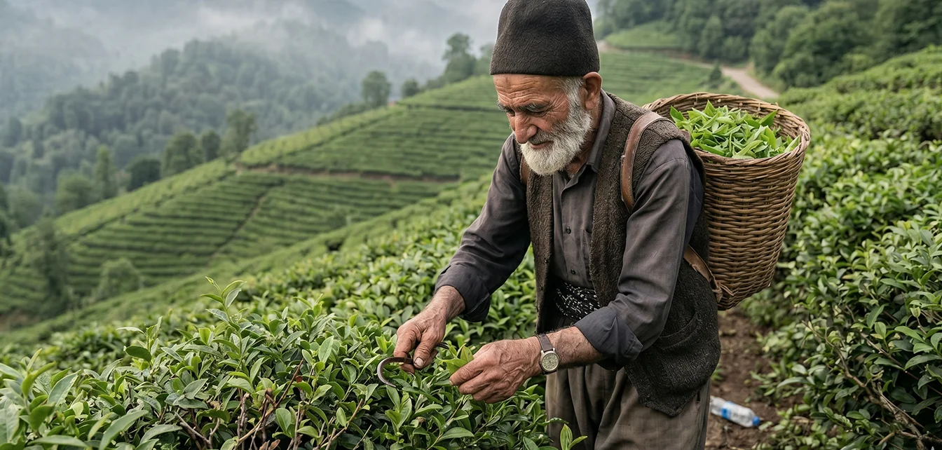 کشاورز در باغات چای گیلان